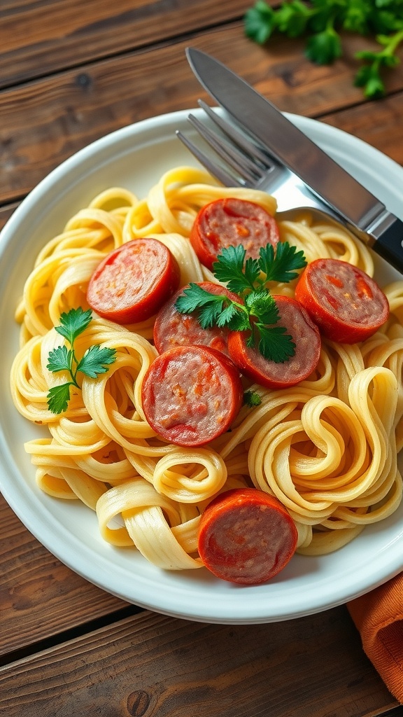Savory Cabbage Noodles with Kielbasa Recipe Cabbage noodles with kielbasa served on a plate, garnished with parsley, on a wooden table.